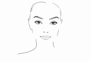 Detailed Line Drawing of a Woman's Face Featuring Symmetrical Features and Elegant Expression Against a Minimalist White Background
