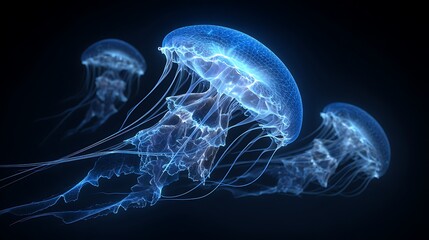 A mesmerizing display of jellyfish gracefully floating in the dark ocean, illuminated by their bioluminescence