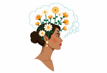 Illustration of a Woman with Floral Thought Bubbles, Featuring Diverse Flowers Representing Creativity, Contemplation, and Artistic Expression
