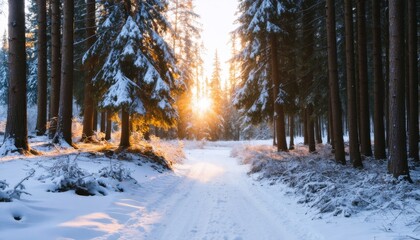 Frozen Winter Landscape in Forest with Frost and Snowy Trail