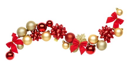 Festive christmas garland isolated on transparent background, featuring a delightful arrangement of red bows and gold and red baubles, perfect for adding a touch of holiday cheer to any design or proj