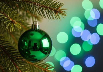 Green Christmas Ornament Ball Hanging on Pine Tree with Blurred Festive Background