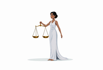 Illustration of Justice Woman in White Dress Holding Golden Scales Symbolizing Fairness and Law on a Minimalist White Background