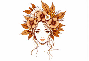 Illustrated Portrait of a Woman with Autumnal Floral Headpiece Featuring Warm Tones and Elegant Linework on a Minimalist White Background