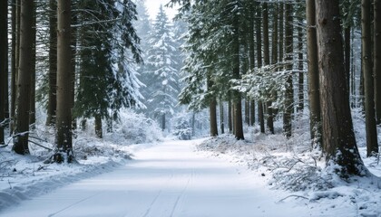 Frosty Winter Forest with Snow Covered Trees and Walking Trail