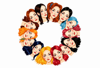 Artistic Illustration Featuring Diverse Hair Colors and Styles Encircling with Female Faces Displaying Unique Expressions on a Clean White Background