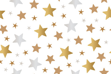 festive seamless Christmas pattern with golden stars on white background; perfect for holiday wrapping paper, textiles, greeting cards, wallpapers,- vector illustration