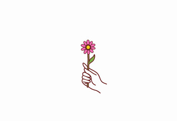 Minimalistic illustration of a hand elegantly holding a single pink flower, showcasing simplicity and beauty through clean lines and a serene white background