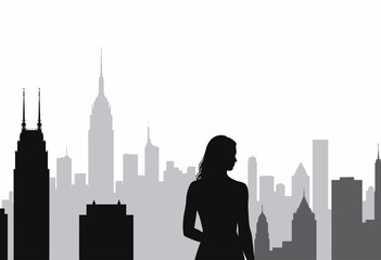 Silhouette of a Woman Standing in Front of a Majestic City Skyline at Dawn with Iconic Skyscrapers in a Striking Black and White Composition