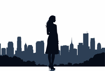 Silhouette of a Woman Standing Against a Majestic Urban Skyline, Capturing the Serenity and Grandeur of a Modern Cityscape Under a Clear Sky