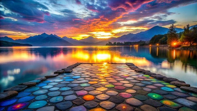 Colorful stone pathway leading to mountains at sunset - Powered by Adobe