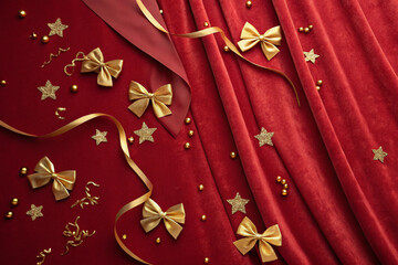 Velvet red stage curtains and a backdrop adorned with golden ribbons and stars. Luxury. Event. Party. Sophistication.