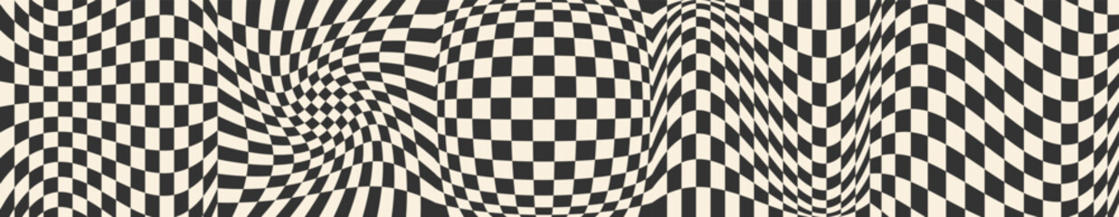 Psychedelic monochrome wavy checkerboard in retro groovy style. Twisted, warped background, checkered pattern with distorted effect. Backdrop with geometric ornament Y2k. Vector optical illusion EPS10