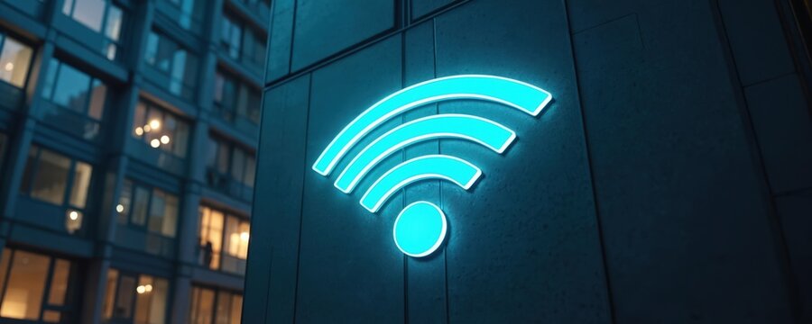 Glowing wifi symbol illuminates modern building exterior at night. Blue neon light shines on urban architecture. City connectivity symbol shines bright.