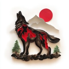 Animal Silhouette Quilling Concept. Howling wolf silhouette against a mountain and sun backdrop.