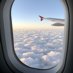 Breathtaking aerial perspective from an airplane window, revealing the wing slicing through a sea of fluffy white clouds against the clear sky during sunny weather.