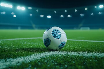 A lone soccer ball rests on the freshly cut grass of a stadium, awaiting the thrill of the game under the bright stadium lights.