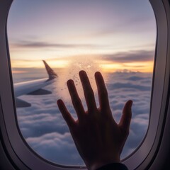 A hand's silhouette presses against an airplane window during sunset, symbolizing the beauty of flight, travel's reflective moments, and the breathtaking views above the clouds, inspiring wanderlust