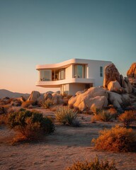 Modernist Desert Home - Curvilinear Architecture Amidst Joshua Trees Rocky Landscape at Sunset.