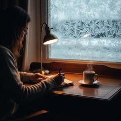 A serene winter ambiance with a woman immersed in writing, a comforting cup of tea, and a window showcasing nature's icy artistry creating a peaceful and inviting indoor scene.