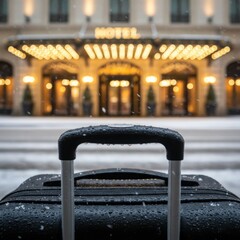A close-up of a suitcase handle covered in raindrops, set against a blurred backdrop of a brightly illuminated hotel entrance during a snowy day, evokes the feeling of winter travel.