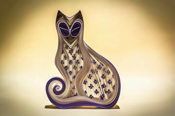 Animal Silhouette Quilling Concept. Stylized cat sculpture with intricate linework design.