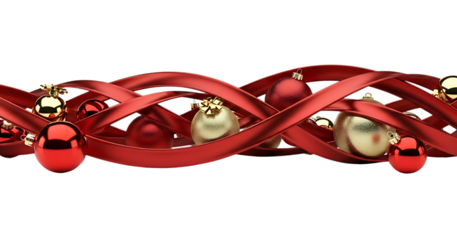 Elegant christmas border isolated on transparent background featuring intertwined red ribbons and gold ornaments, creating a sophisticated and festive design for holiday cards and decorations, perfect