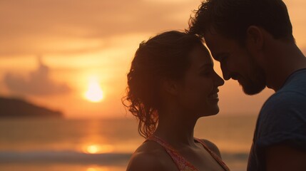 The man and woman stand by the glowing sunset as the sunset casts warm colors. Together, the man and woman enjoy the beach as the beach envelops them in its peaceful embrace.
