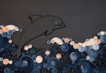 Animal Silhouette Quilling Concept. Dolphin swimming through stylized waves in a swirling design.
