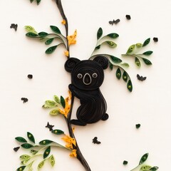 Animal Silhouette Quilling Concept. Koala climbing a branch surrounded by leaves and small insects.