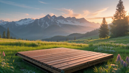 Wooden platform illuminating under golden sunset light with majestic mountain range background