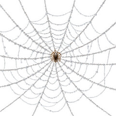 Obraz premium Spooky spider patiently waiting on an intricate, dew covered spiderweb against transparency background. Creepy clipart for halloween and nature themes with one arachnid