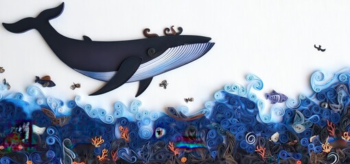 Animal Silhouette Quilling Concept. Whale swimming amidst swirling waves and marine life illustrations.