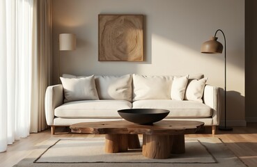 Fototapeta premium Modern living room with cream sofa, natural wood coffee table, and minimalist art. Soft light streams through sheer curtains creating serene atmosphere. Offers cozy and stylish home decor inspiration.