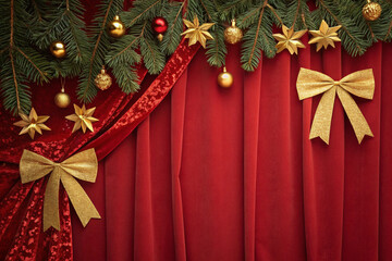Velvet red stage curtains and a backdrop adorned with golden ribbons and stars. Luxury. Event. Party. Sophistication.