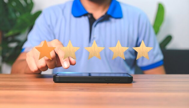 A satisfied customer reaches out to press the first of five golden stars on a mobile screen to indicate a top ranking service level which reflects a perfect experience and promotes business
