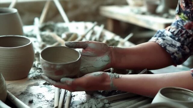 The master's hands mold a ceramic bowl covered with glaze Visualization of the creative process for master classes, craft blogs, and handmade advertising.
