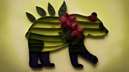 Animal Silhouette Quilling Concept. Colorful paper art of a bear with floral and leaf designs.