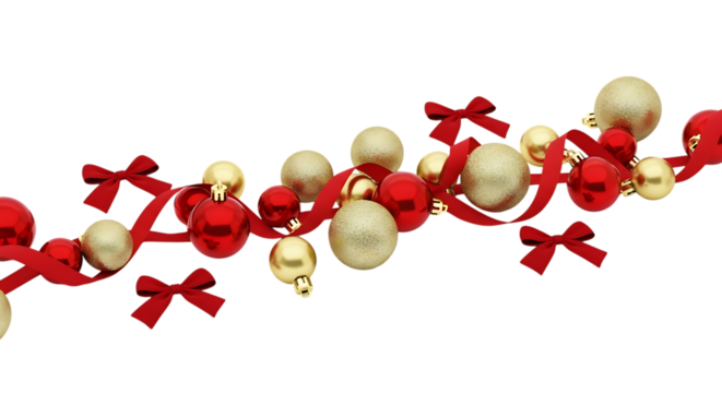 Elegant christmas ornament arrangement isolated on transparent background featuring a mix of gold and red baubles intertwined with delicate red ribbons, perfect for adding a touch of festive charm to 