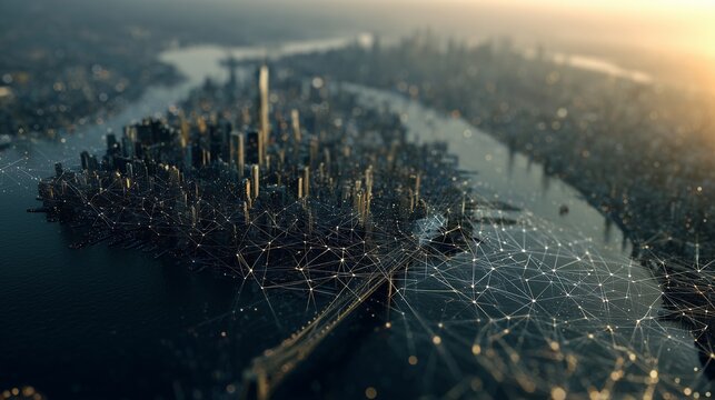A digital network overlays a city skyline, with digital lines connecting the city in a harmonious web. The city and the network illuminate the dusk, digital shadows cast vibrant pa