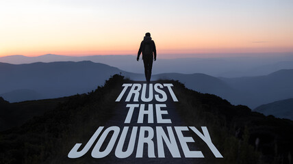 Inspiring wanderlust adventure awaits as hiker journeys into the majestic mountains at sunset with the powerful message to Trust The Journey