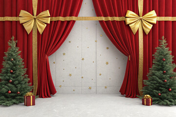 Velvet red stage curtains and a backdrop adorned with golden ribbons and stars. Luxury. Event. Party. Sophistication.