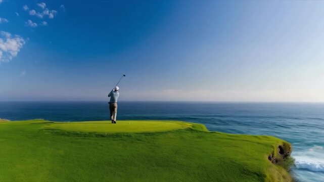 A golfer swings against the backdrop of the ocean and a green field An atmosphere of luxury and active recreation for sports magazines, tourist brochures, and advertisements for elite resorts.
