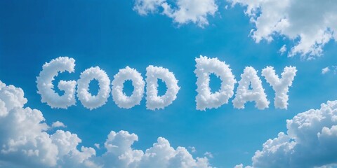 Bright blue sky adorned with fluffy clouds spelling 'GOOD DAY', creating a cheerful and uplifting atmosphere of positivity.