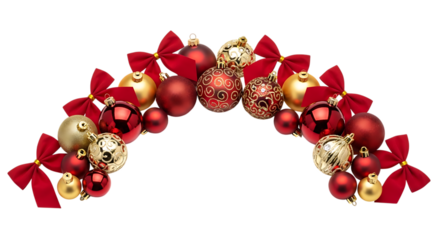 Elegant christmas decoration arch isolated on transparent background, showcasing a harmonious blend of red and gold baubles, adorned with delicate bows, ideal for creating a warm and inviting holiday 