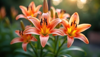 Naklejka premium Closeup of vibrant orange lily flowers in a garden. Delicate petals unfurl revealing yellow centers and black stamens. Soft sunlight illuminates the blooming plants, creating a natural, serene scene.