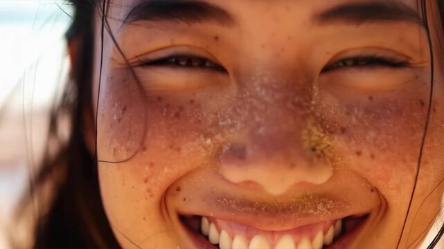 A girl with freckles and wet hair smiles against the backdrop of a beach, with sand on her face. Used for summer advertising campaigns, articles about travel and seaside vacations, and blogs about bea