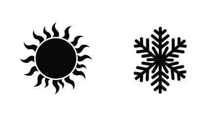 Contrasting weather icons a black sun and snowflake on white background