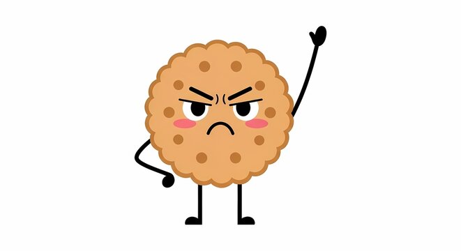 A round brown cookie character displaying an angry expression with lifted arms is depicted as an animated snack representing intense frustration or strong disagreement in a humorous storytelling