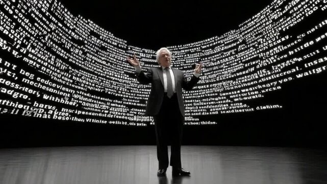 Orator's Echo: An older person, a man, stands poised at the center of a stark auditorium, his gestures and presence commanding the space as lines of text swirl behind him, forming a dynamic backdrop.